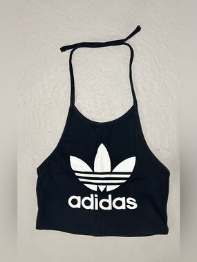 adidas Black Crop Halter Top with White Trefoil